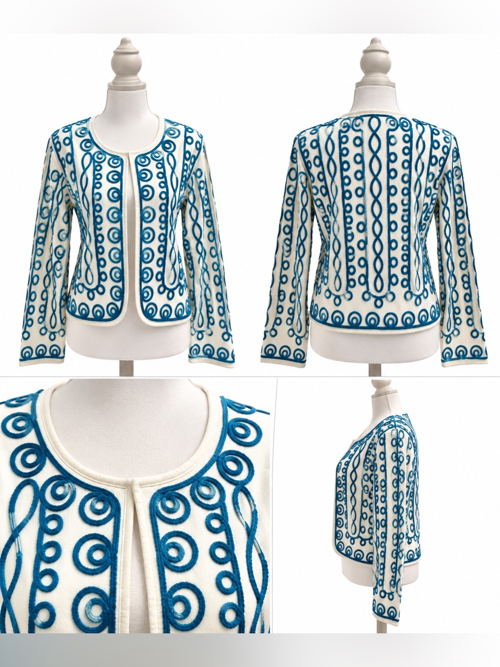 Life Style Petite Embroidered Cotton Jacket PS Turquoise Ivory Boho Open Front